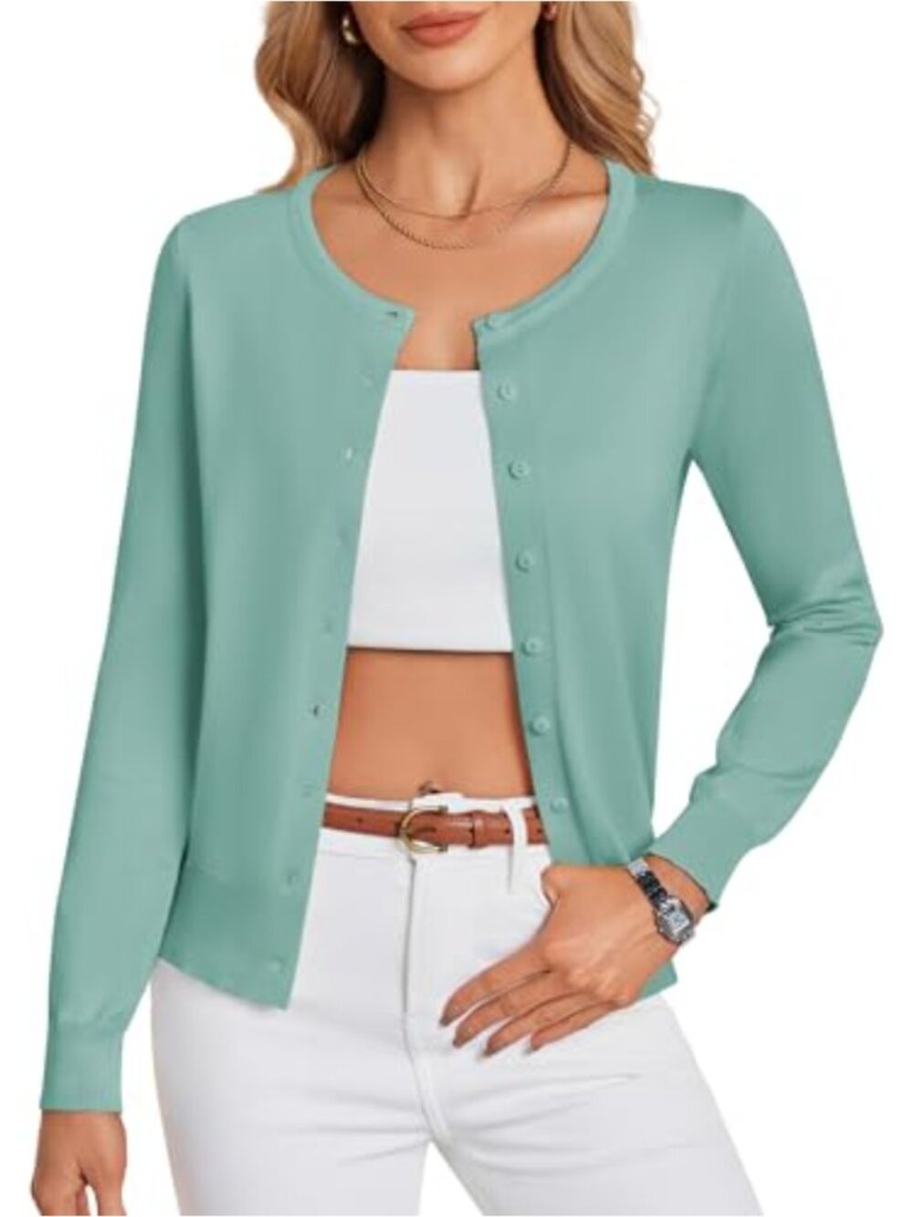 Lightweight Knit Button Down Cardigan Long Sleeve Crew Neck Shrug Layer
